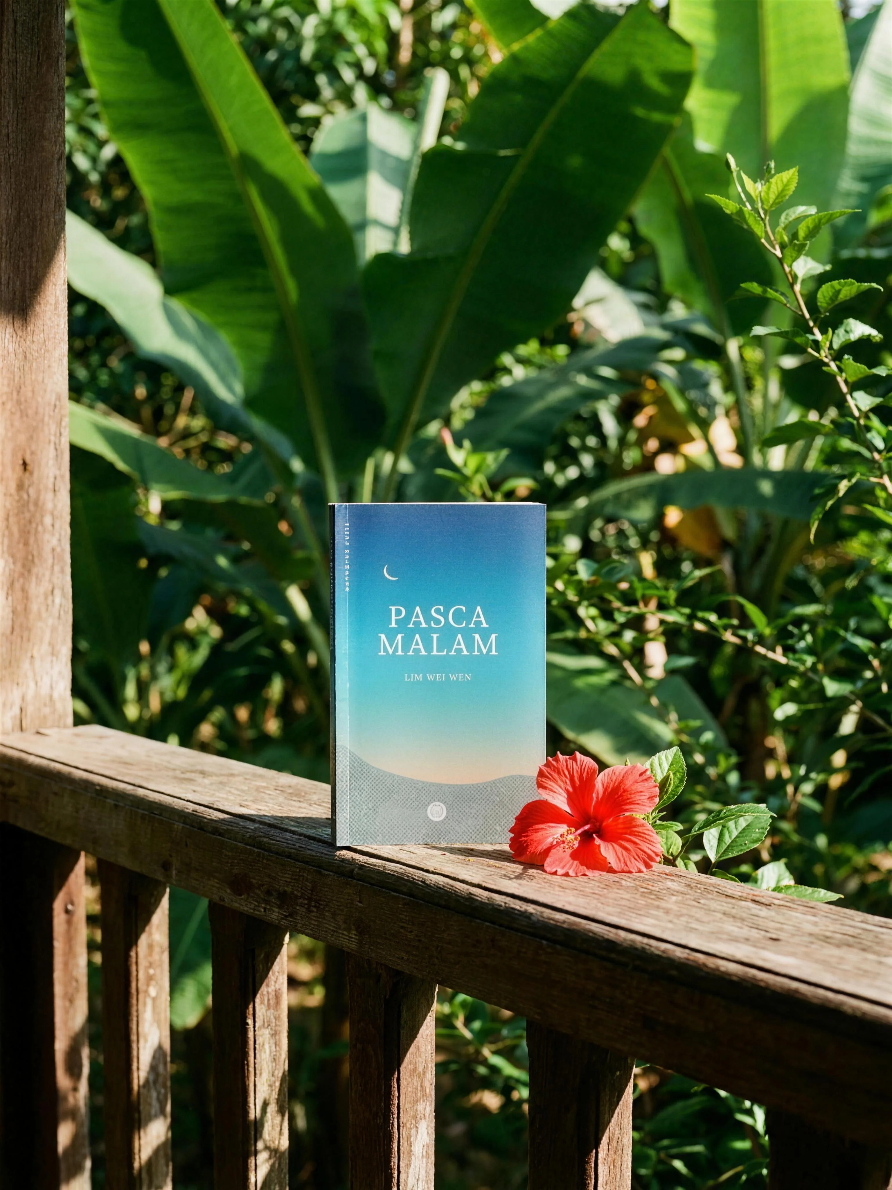 Naskhah Pascamalam berdiri di atas meja kayu, cahaya pagi dari kiri.